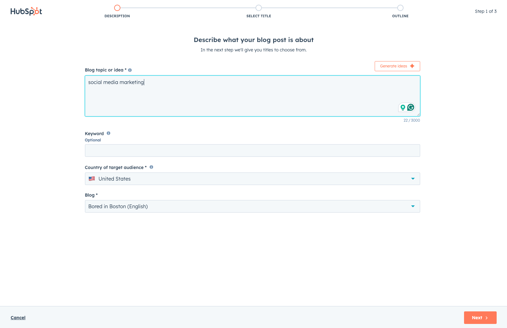 El redactor de blogs con inteligencia artificial de HubSpot muestra la indicación de temas