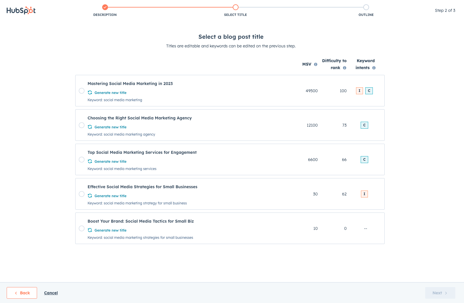 El redactor de blogs con IA de HubSpot muestra los títulos de las entradas de blog