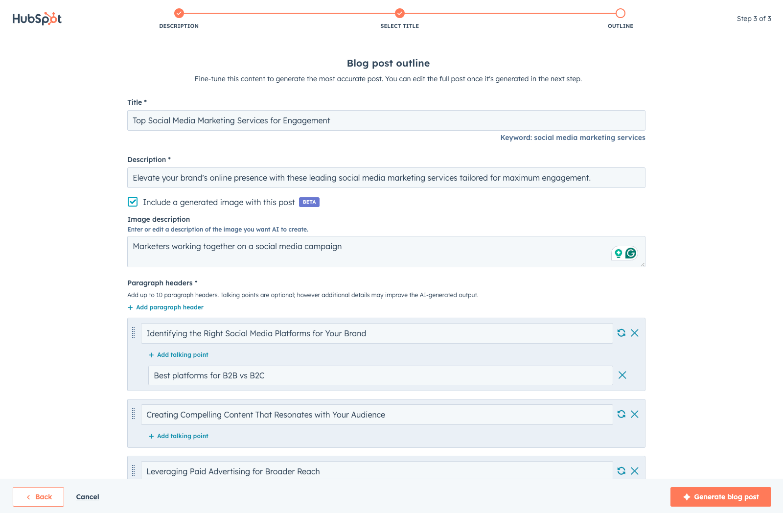 El redactor de blogs con IA de HubSpot muestra esquemas para entradas de blog