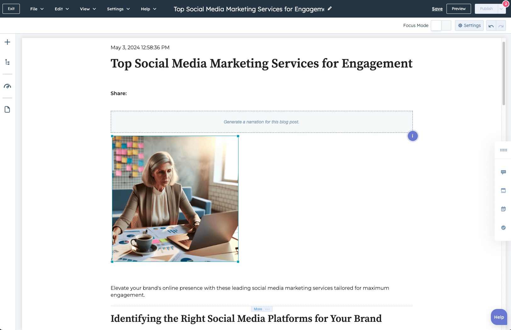 El redactor de blogs con IA de HubSpot muestra una imagen generada por IA dentro de una publicación