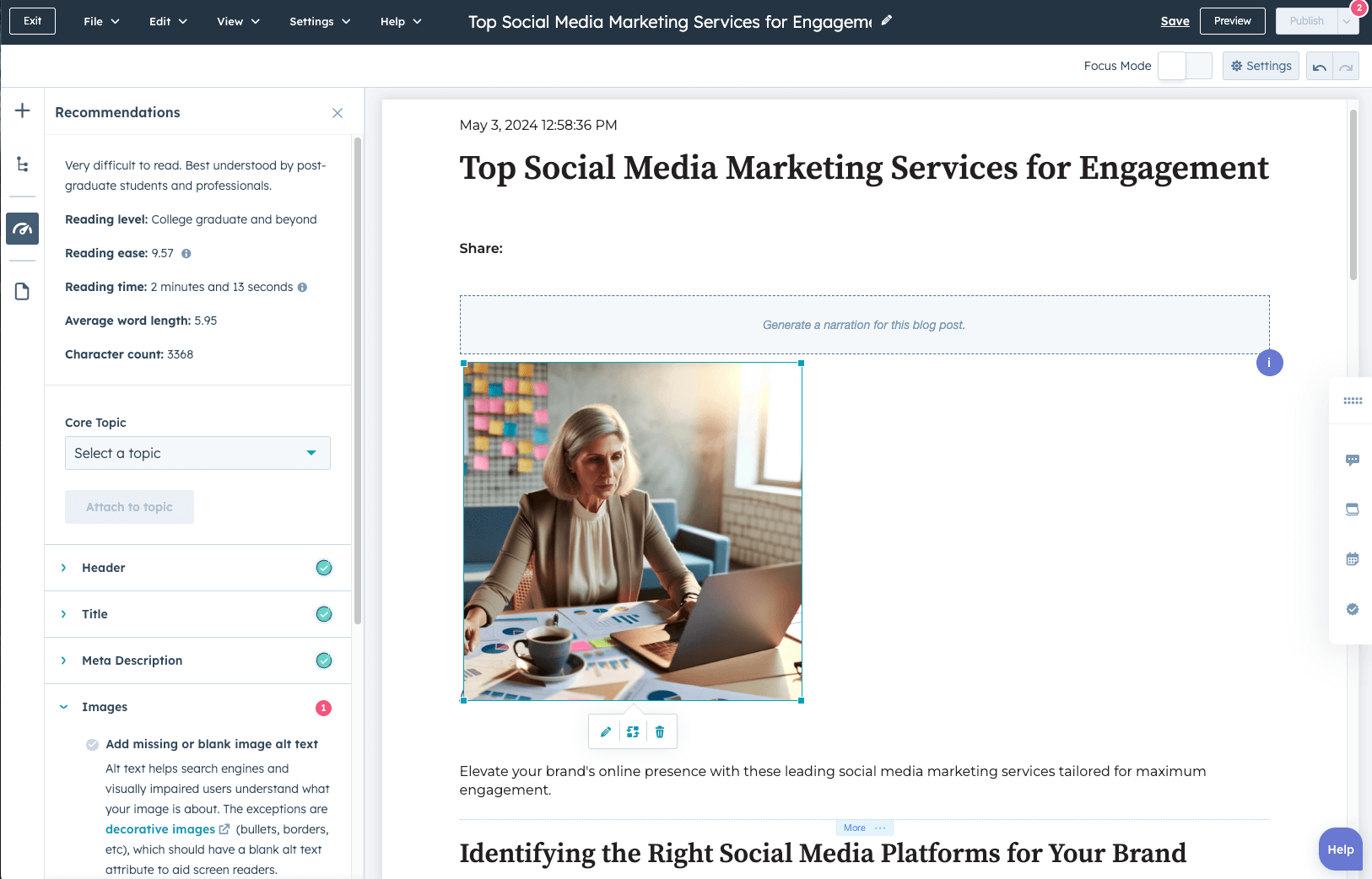 El redactor de blogs con IA de HubSpot muestra recomendaciones para artículos de blog