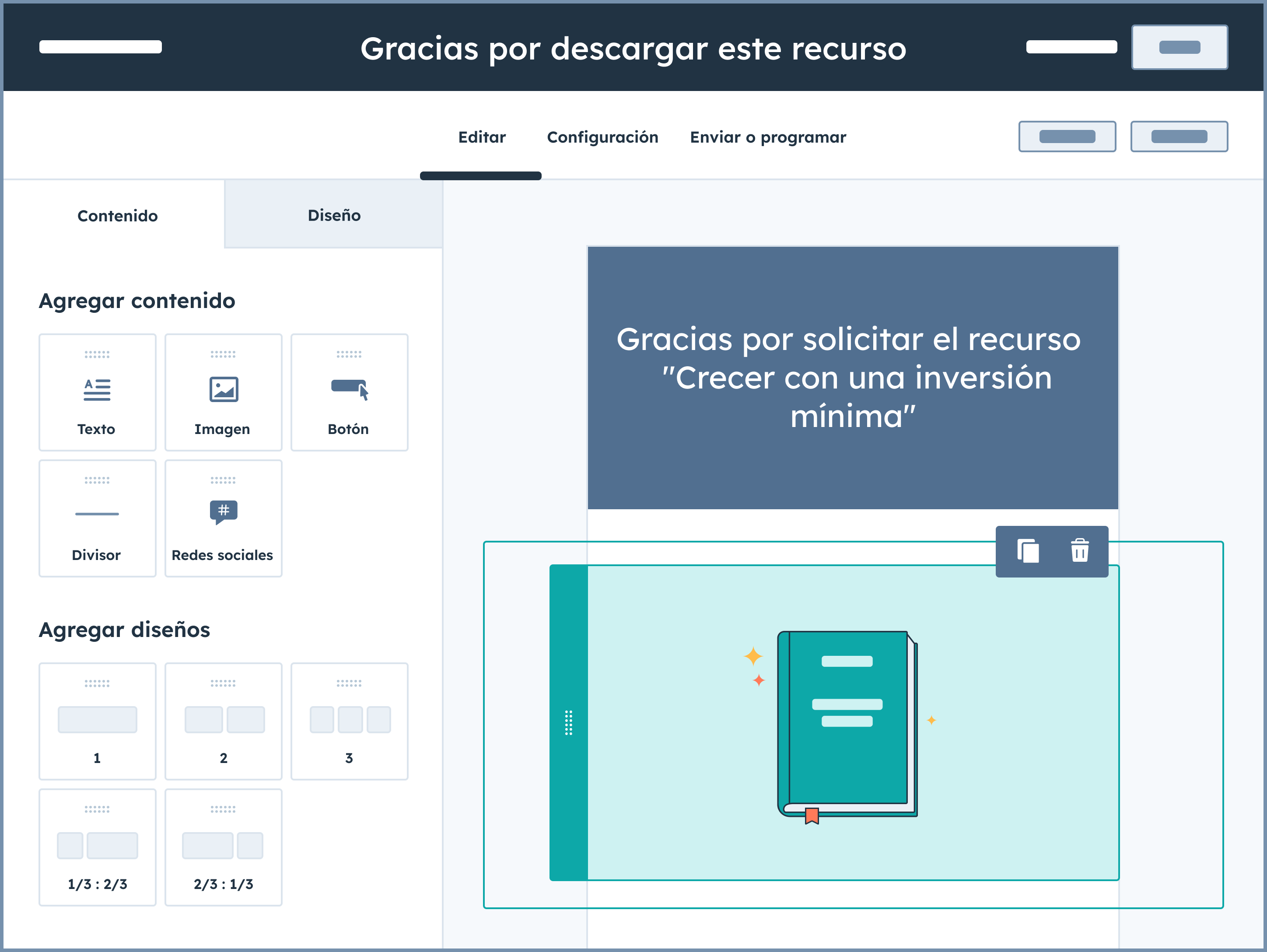 Editor de landing pages en Marketing Hub.