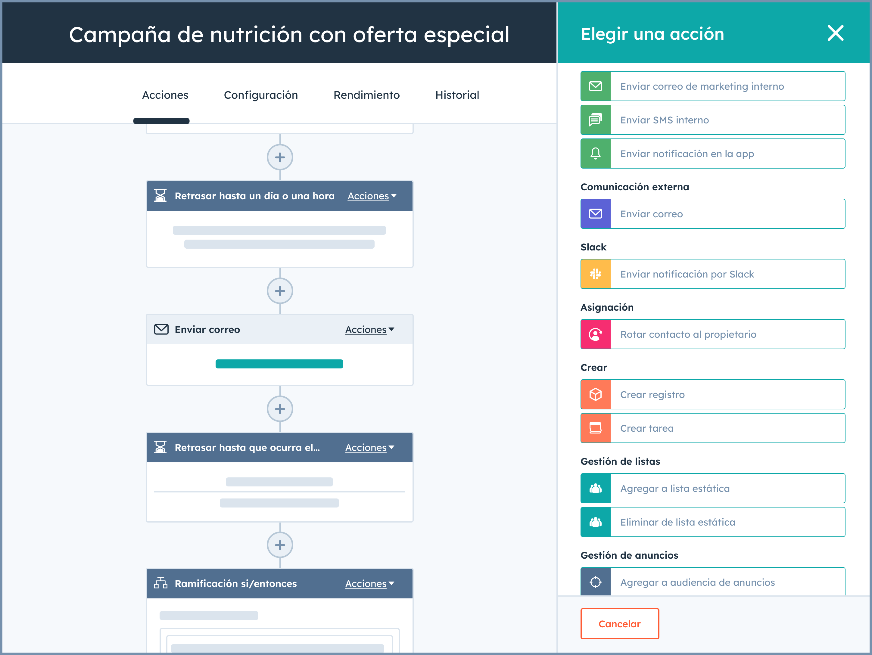 Workflow de campañas de nutrición en Marketing Hub.